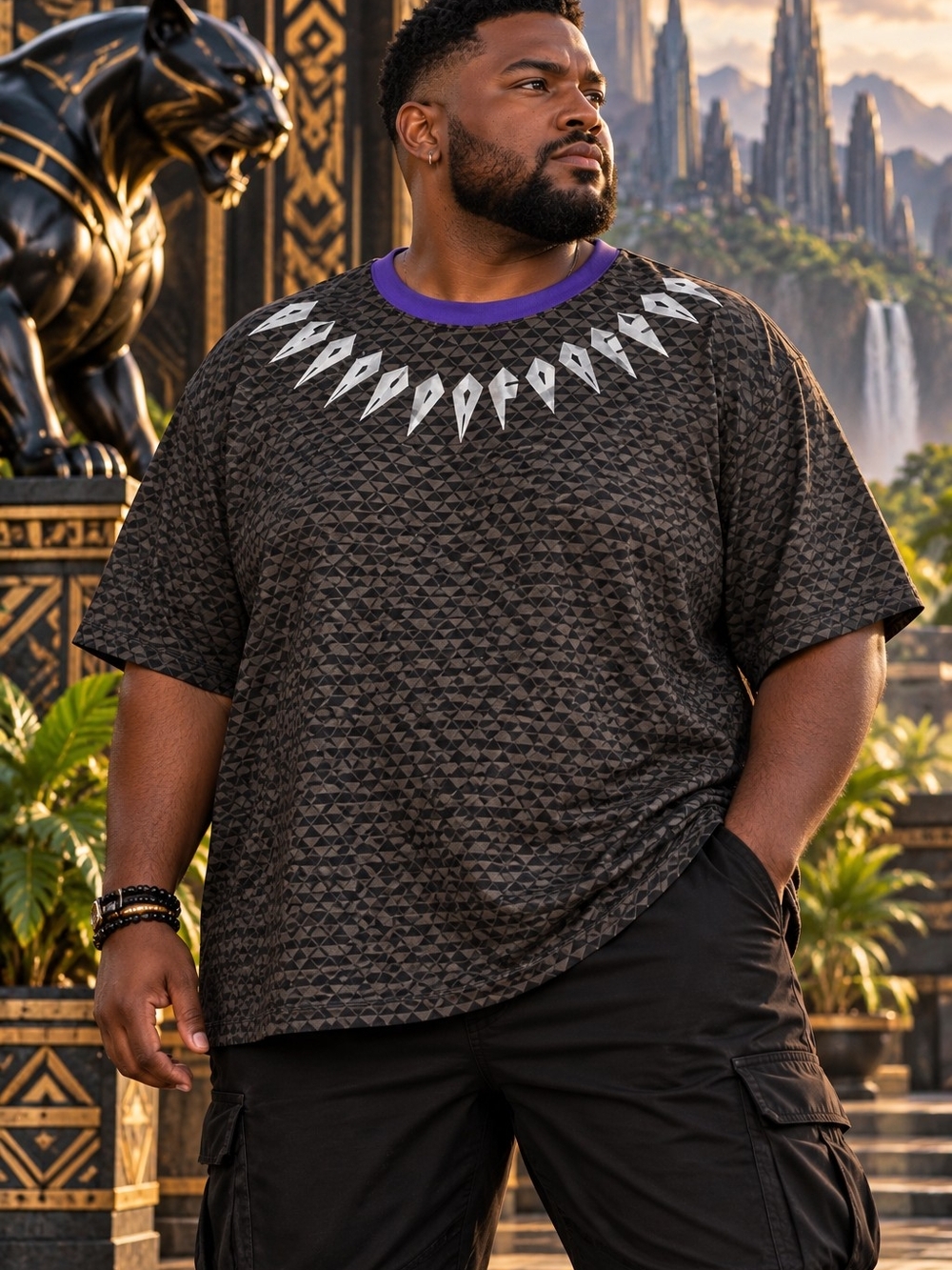 Marvel Men's Black Geometric Tee with Purple Collar and Silver Detailing